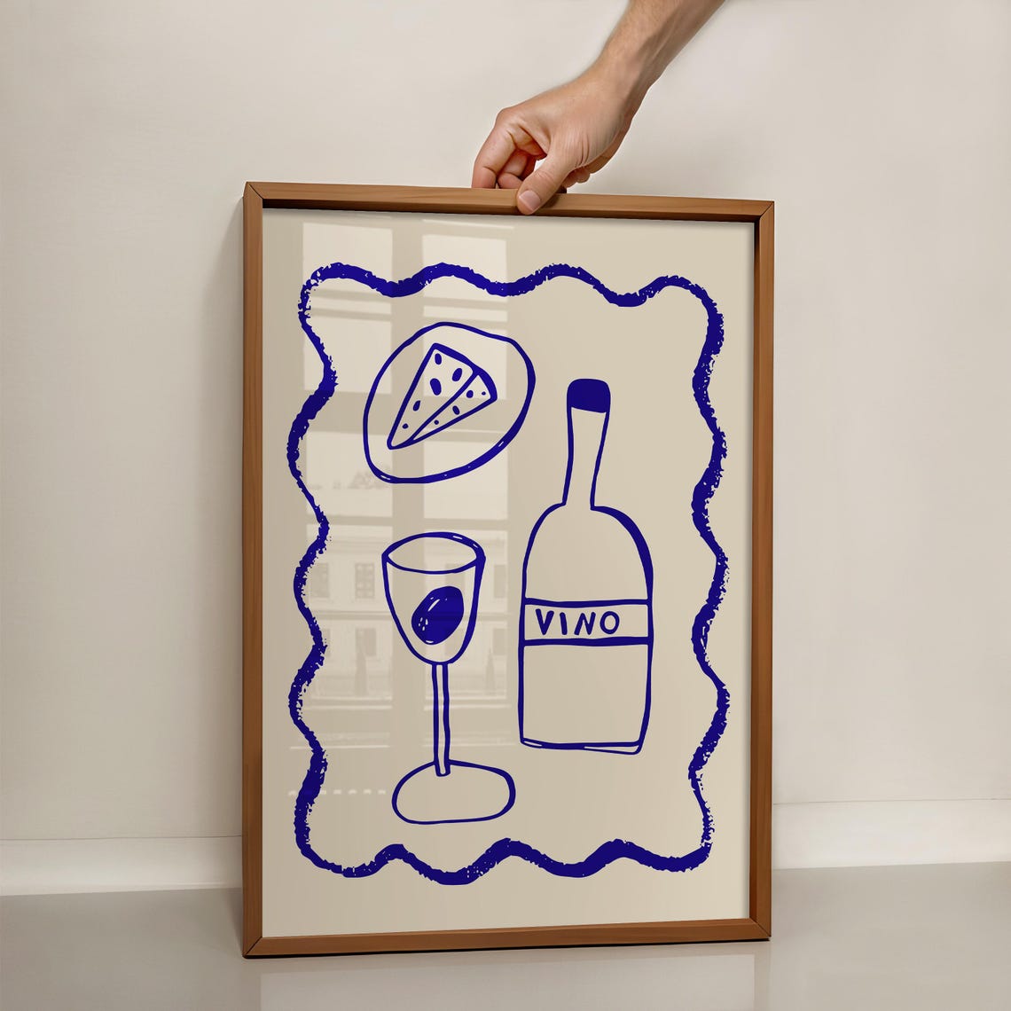 Vino Wine Bottle Cheese Poster Blue Line Art Wavy Border Kitchen Decor - Image 3