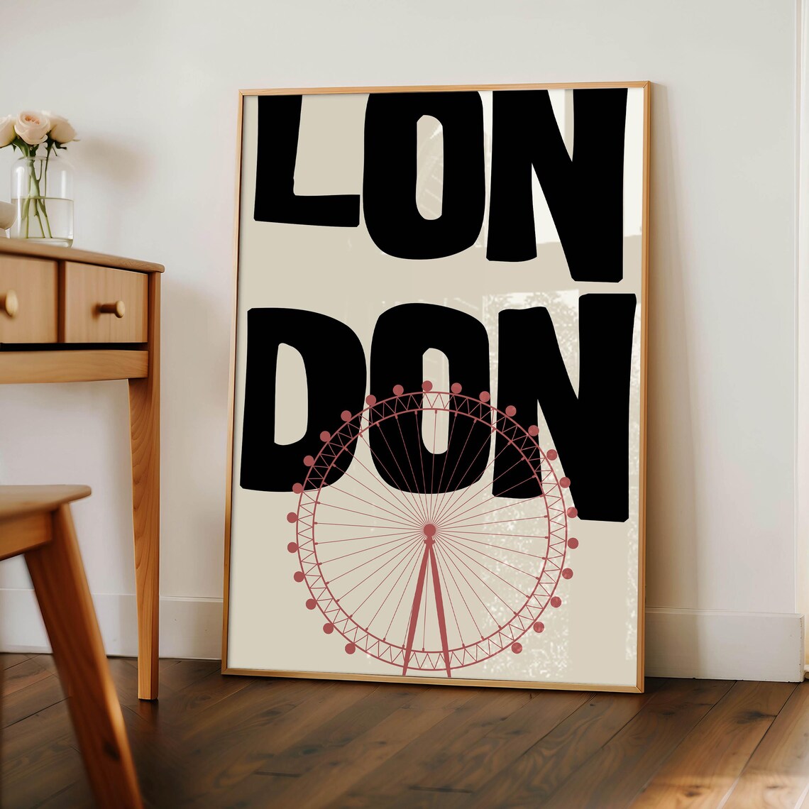 London Black Bold Typography Pink Ferris Wheel Retro Travel Art Poster - Image 3