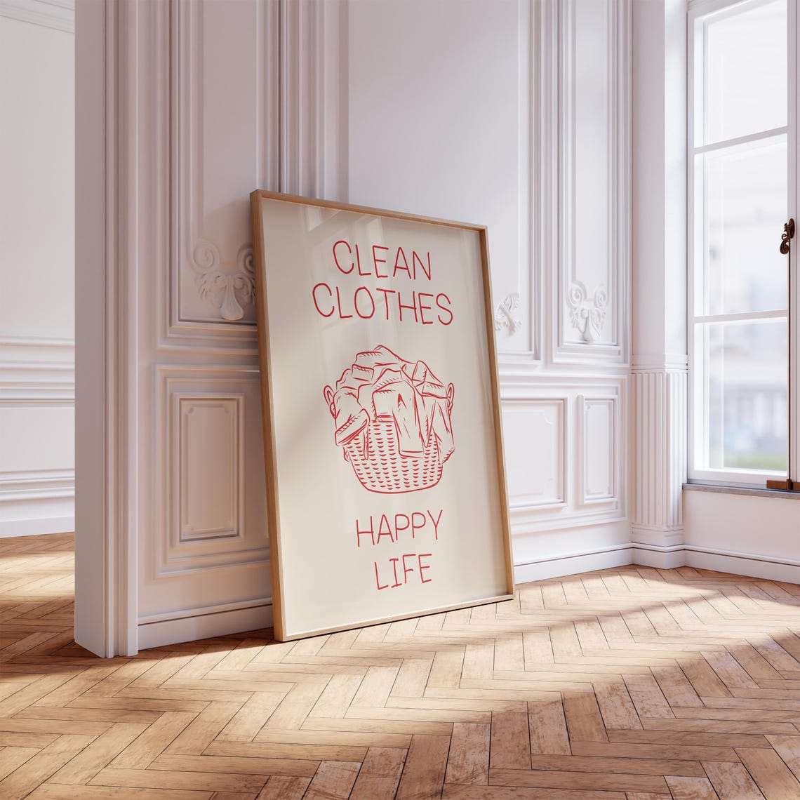 Clean Clothes Happy Life Laundry Poster Red Basket Line Art on Cream - Image 2