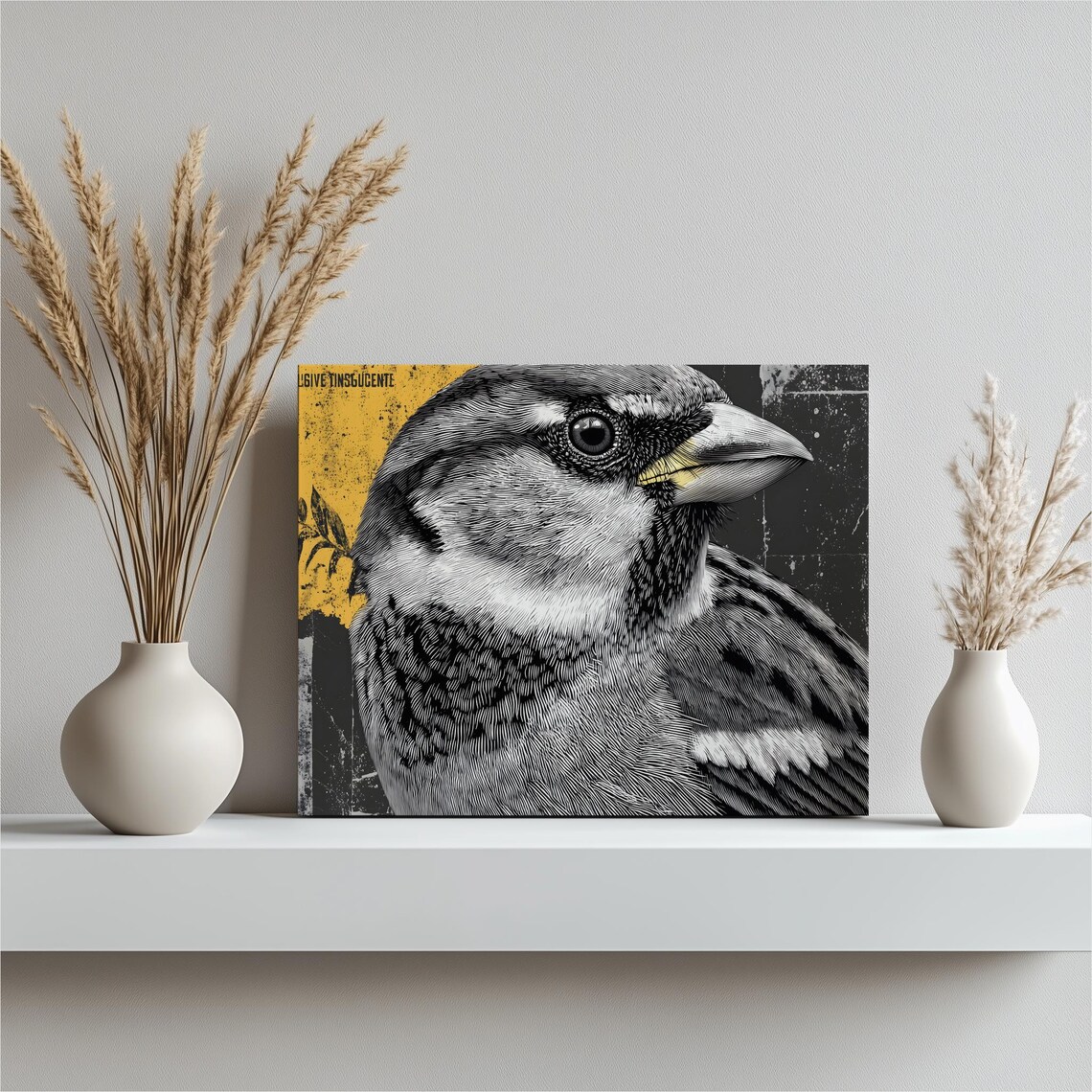 Sparrow Close Up Engraved Monochrome Bird Portrait Art Poster