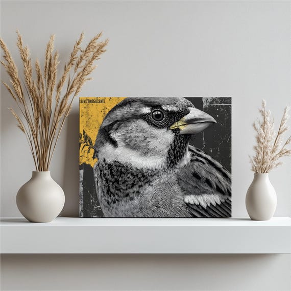 Sparrow Songbird Canvas Wall Art Modern Wildlife Decor Monochrome Nature Print Woodcut Illustration Black White Bird Yellow Accent