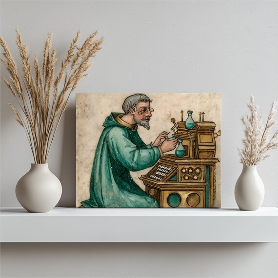 Medieval Alchemist Canvas Wall Art Vintage Illuminated Manuscript Style Fantasy Print Alchemy Decor Laboratory Illustration Potion Mixing