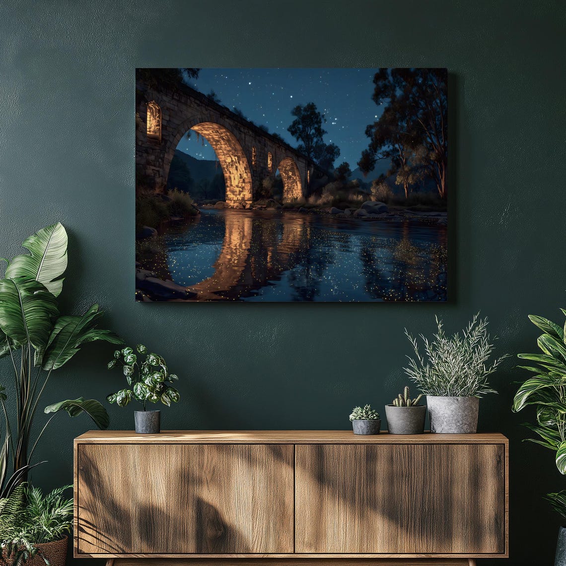 Stone Arch Bridge Over River At Night Starry Sky Reflection Poster
