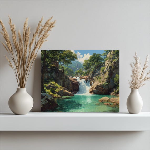 Serene Waterfall Canvas Wall Art Mountain Print Forest Landscape Mural Rustic Turquoise Water Nature Decor