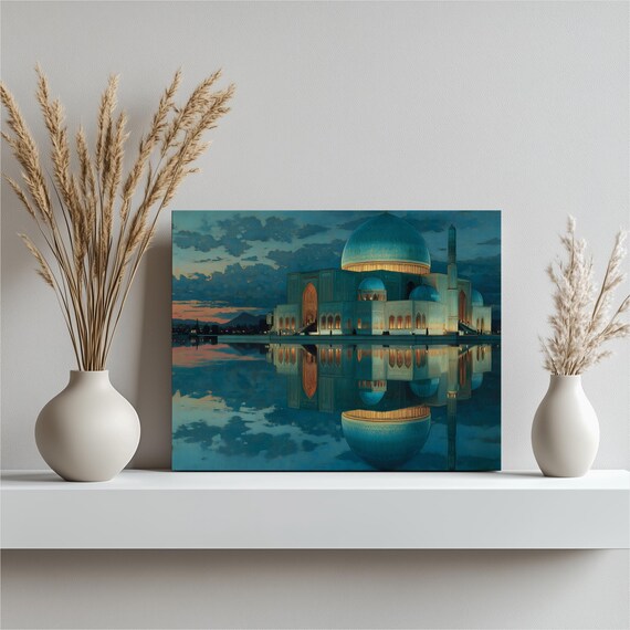 Mosque At Sunset Canvas Wall Art Blue Domes Minaret Reflection Islamic Architecture Skyline Print Traditional Decor Dusk Landscape