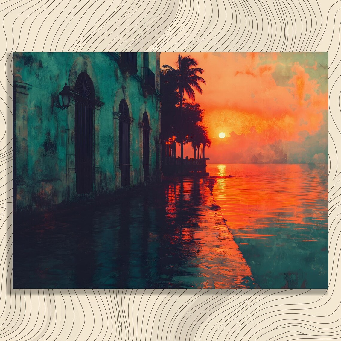 Turquoise Colonial Street at Fiery Tropical Sunset Art Poster