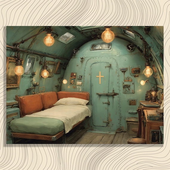 Vintage Submarine Interior Steampunk Nautical Cozy Cabin Room Poster