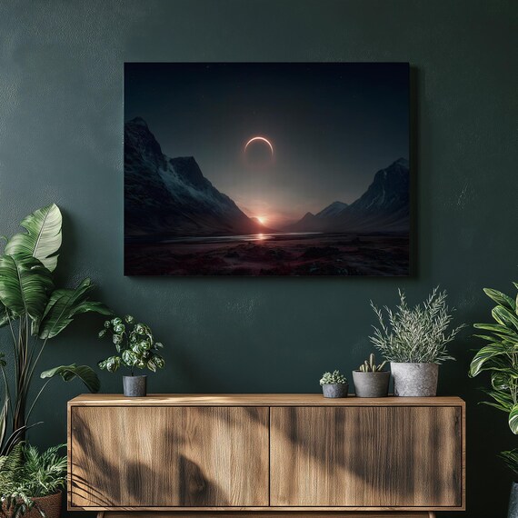Surreal Eclipse Mountain Canvas Wall Art Solar Valley View Landscape Print Starry Night River Scenery Decor