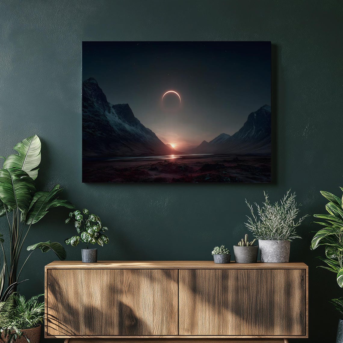 Glowing Solar Eclipse Over Dark Mountain Valley Night Landscape Poster