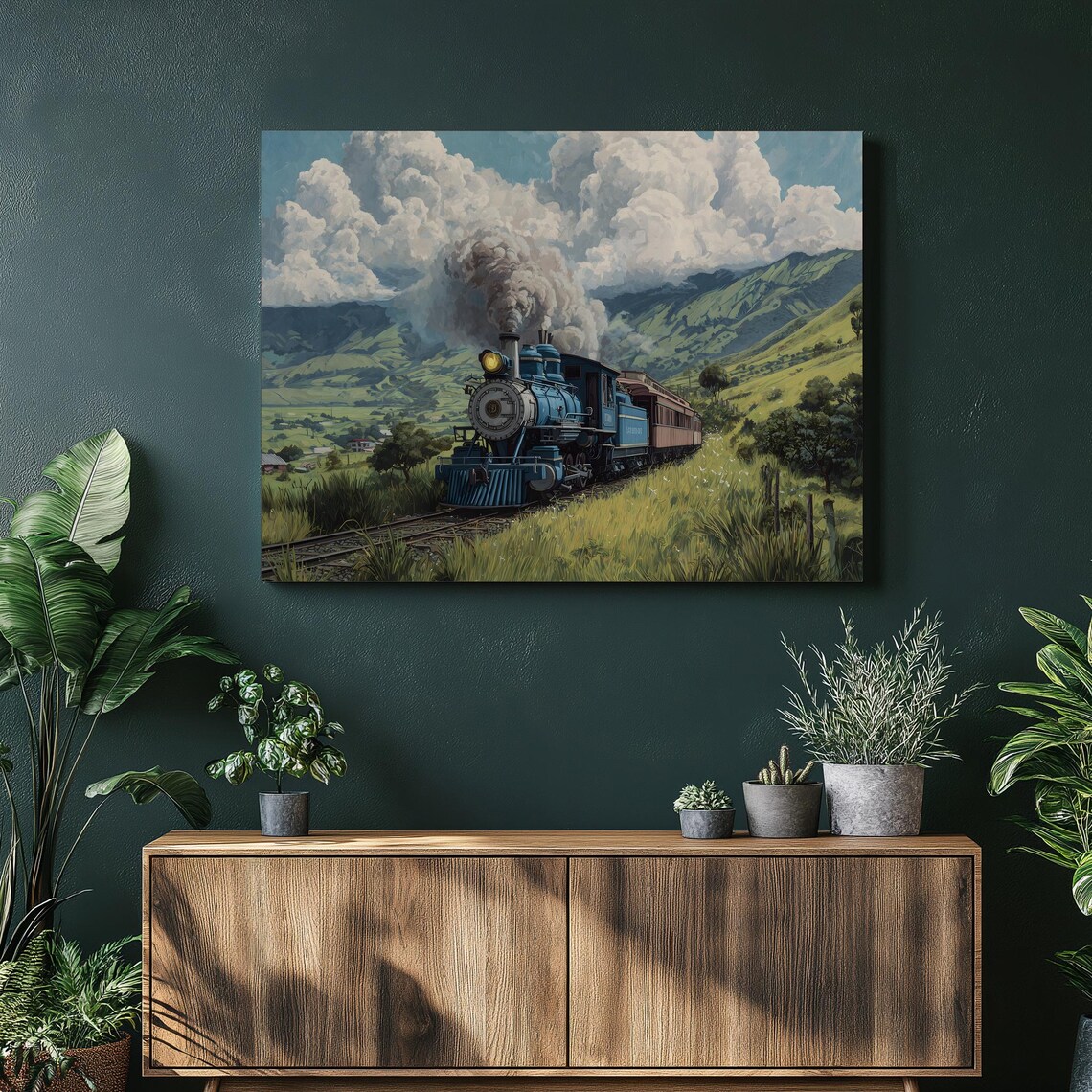 Blue Steam Locomotive Green Valley Mountain Vintage Train Art Print