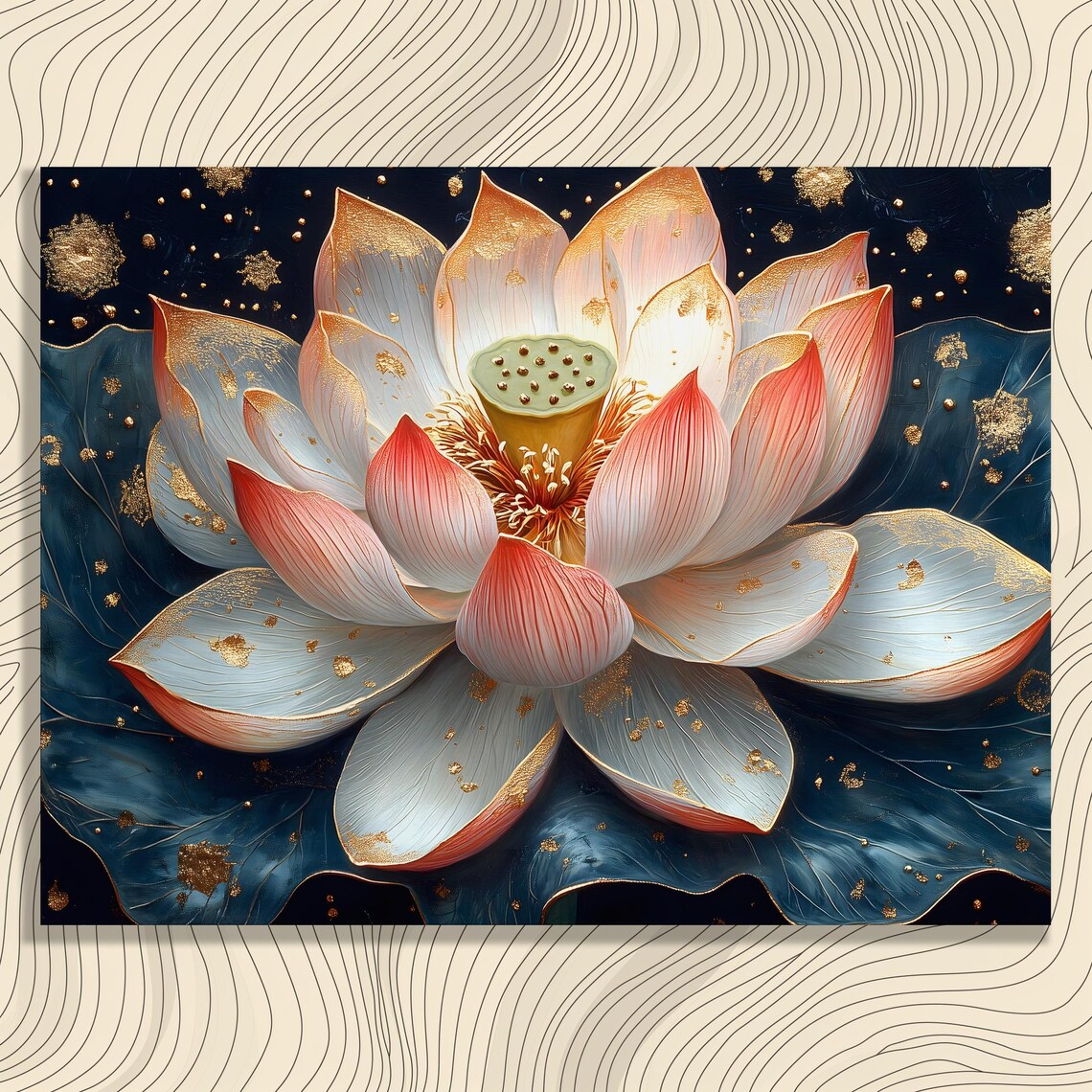 Golden Lotus Flower Dark Navy Luxury Botanical Zen Art Poster