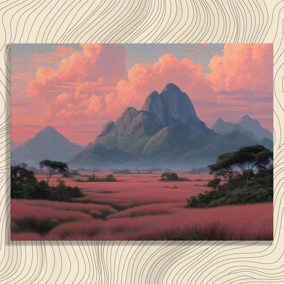 Colorful Mountain Sunset Canvas Wall Art Pink Grassland Landscape Misty Valley Peaks Glowing Clouds Large Print Nature Decor