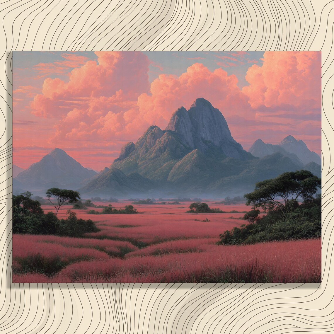 Pink Mountain Sunset Rosy Grassland Peaks Colorful Painting Poster