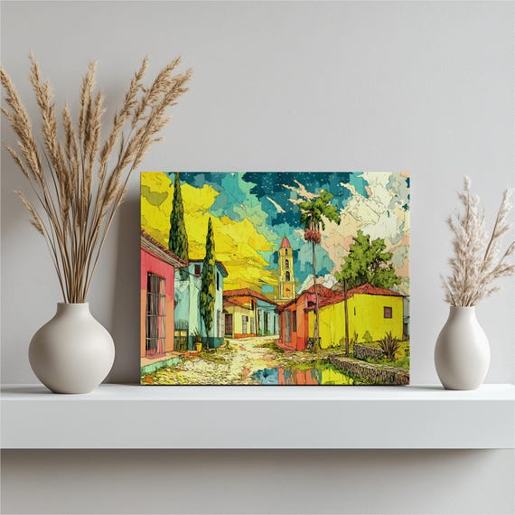 Colonial Street Canvas Wall Art Vibrant Architecture With Starlit Sky