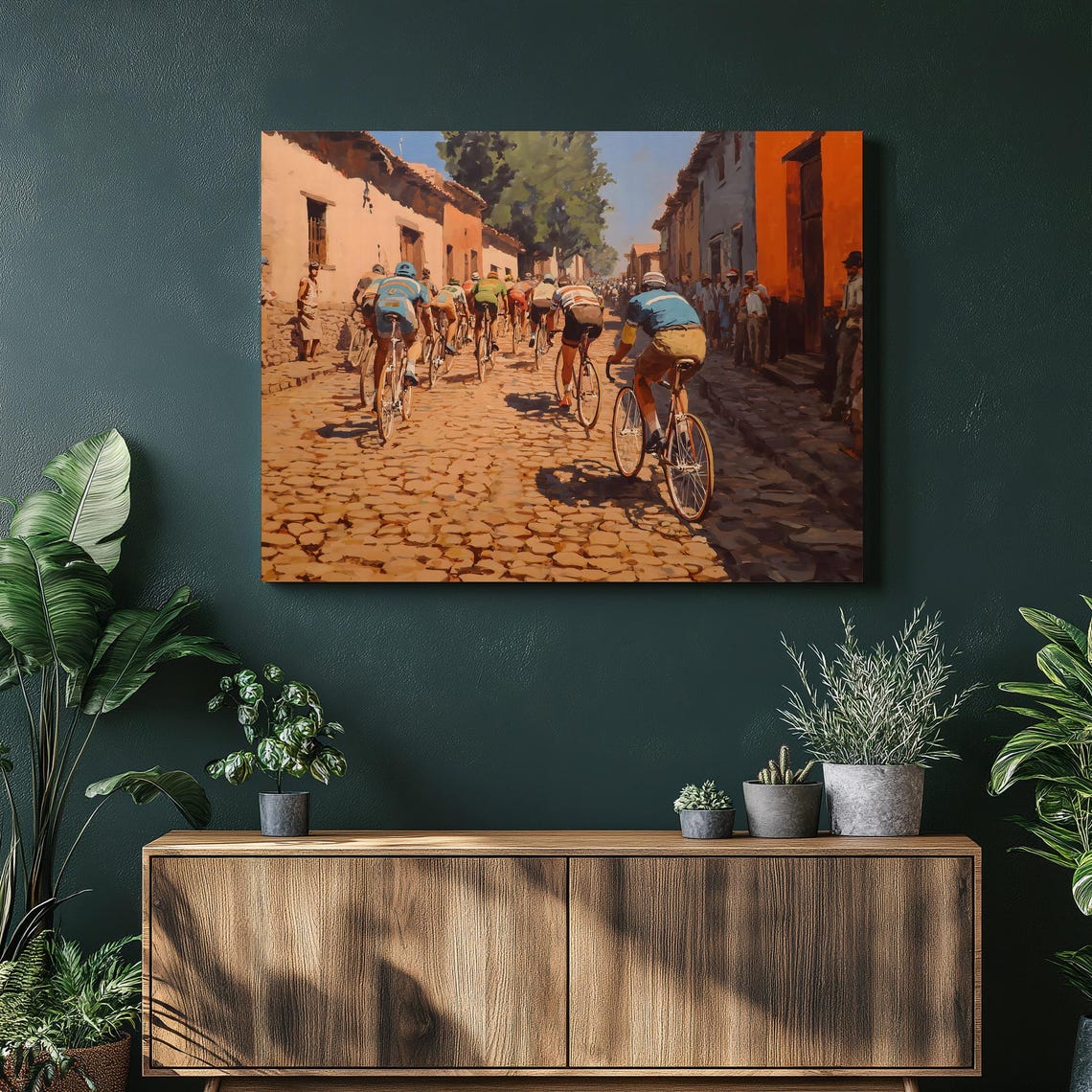 Vintage Cycling Race Canvas Wall Art Bike Print Bicycle Painting Decor Cobblestone Street Village Scene Sports Gift