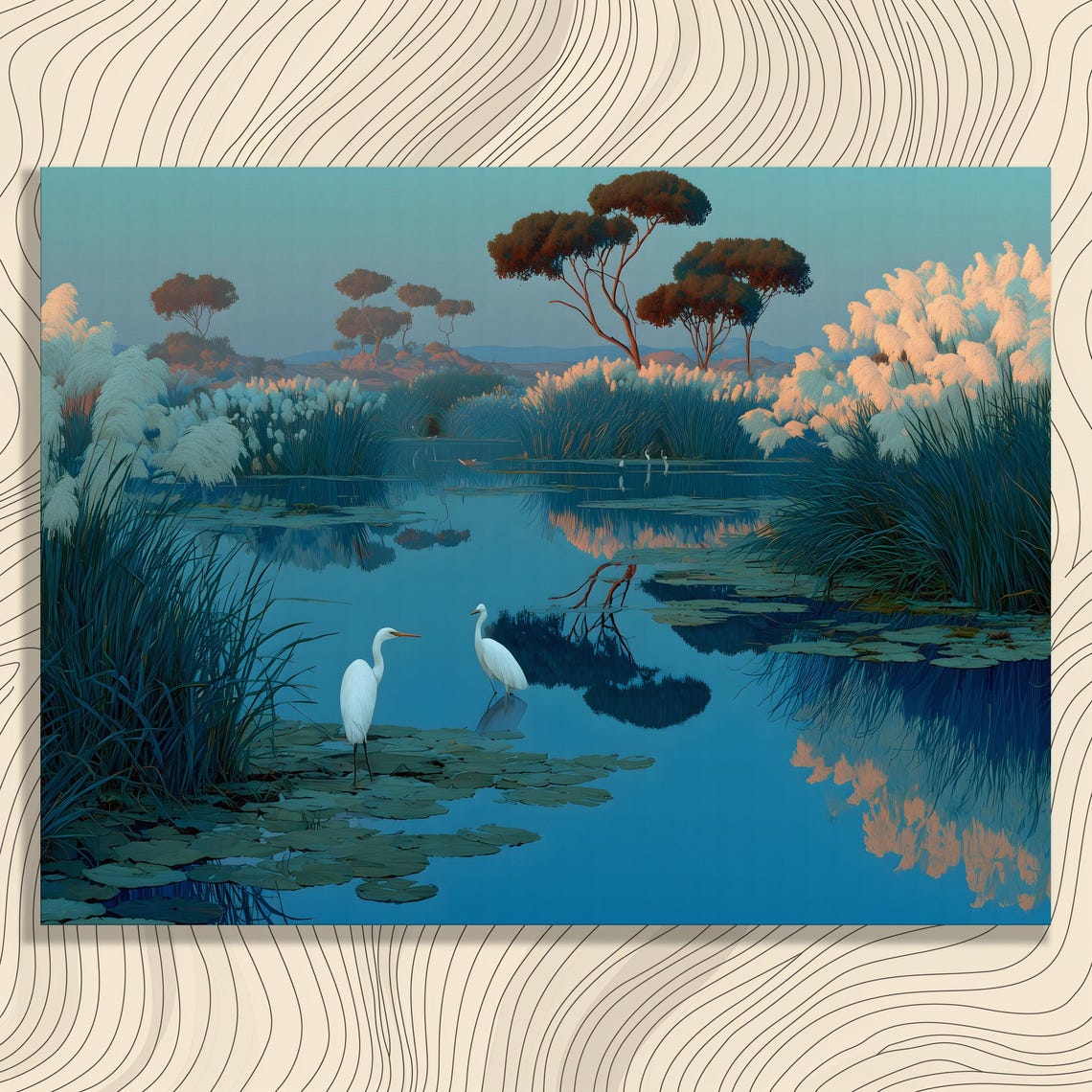 White Egrets Wetland Lagoon Dusk Pampas Grass Serene Nature Poster