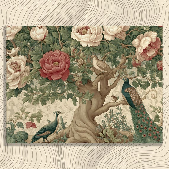 Peacock Botanical Canvas Wall Art Vintage Floral Print Peony Illustration Nature Decor Victorian Style Green Foliage Artwork