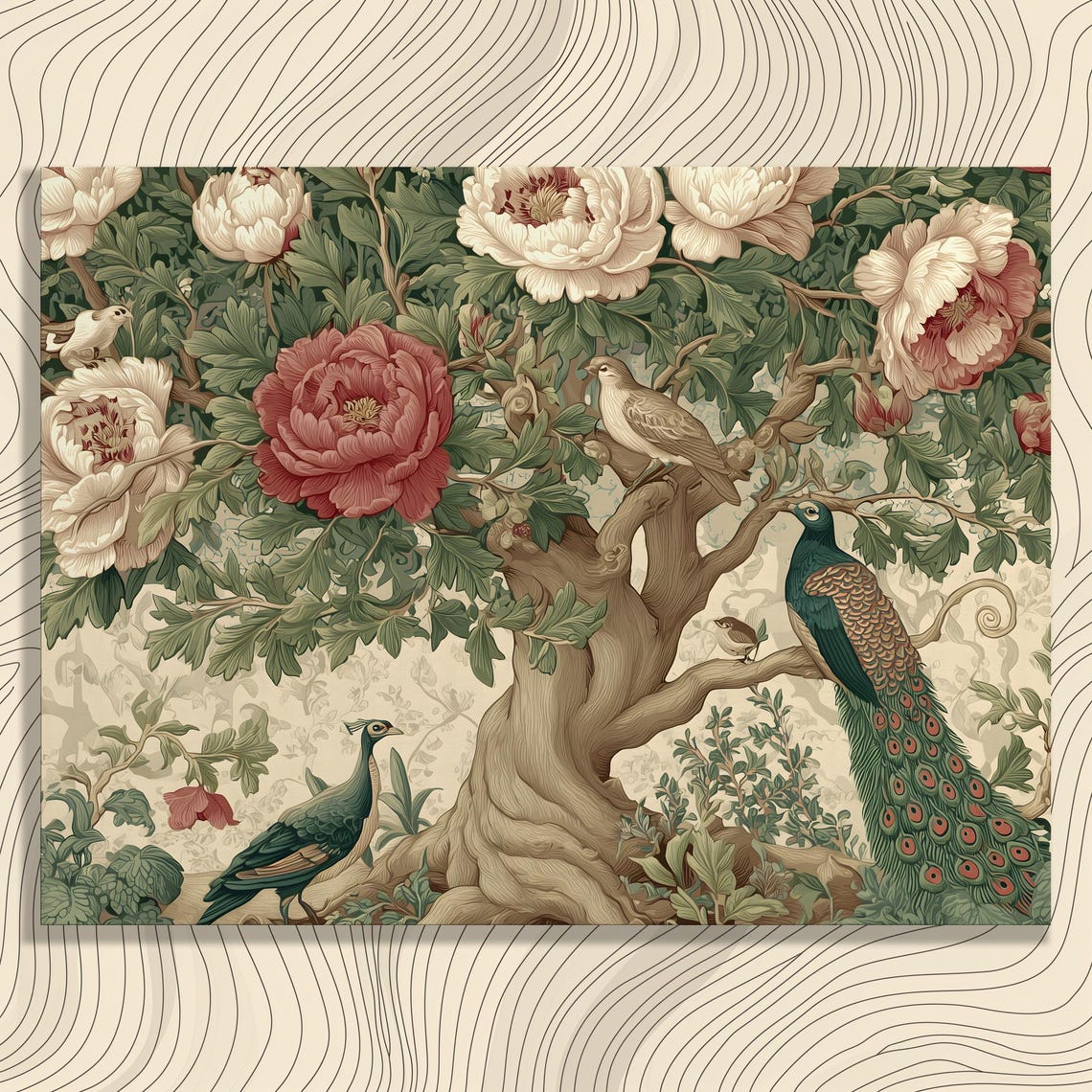 Peacock Botanical Tree Peony Vintage Floral Bird Nature Art Poster