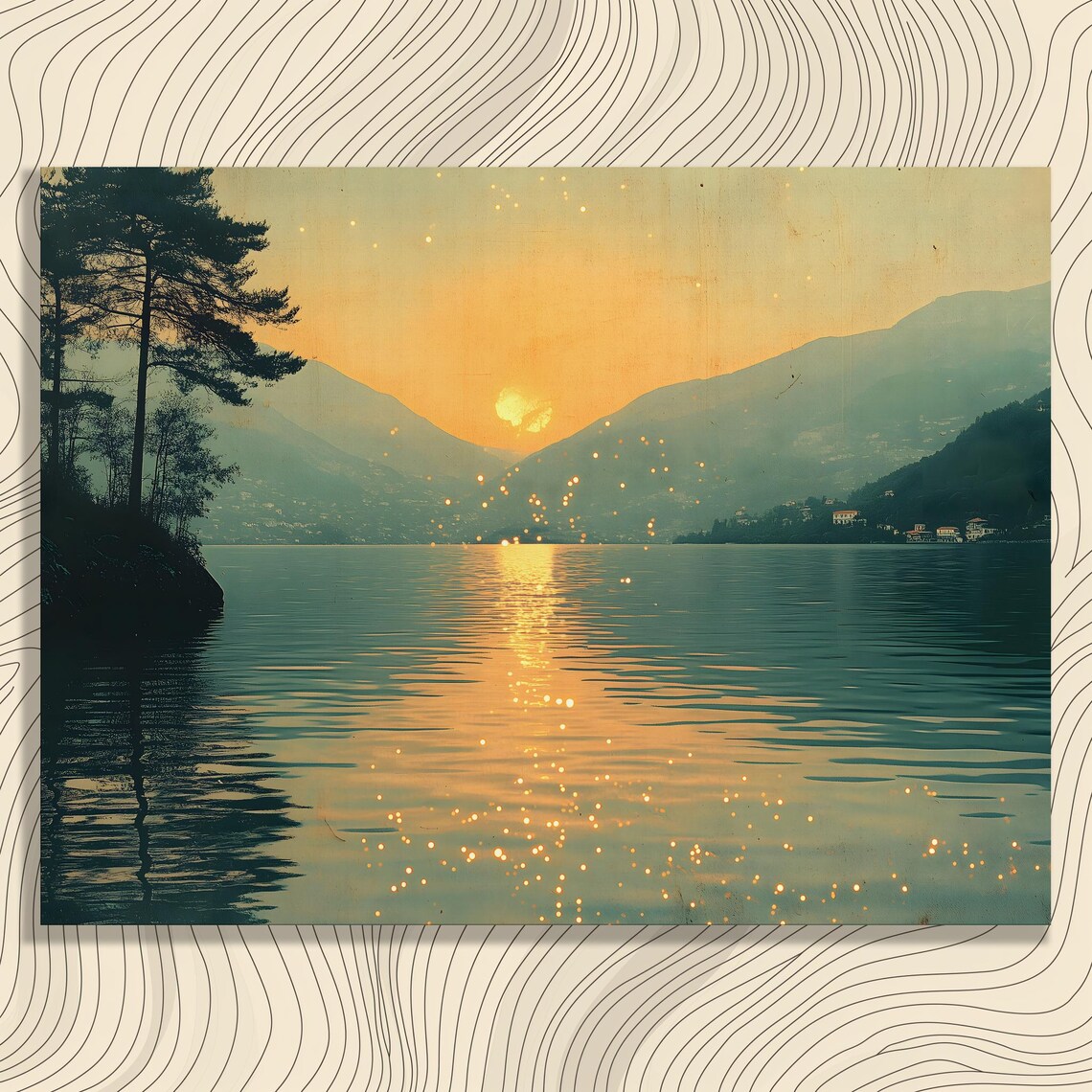 Golden Sunset Over Mountain Lake Poster Vintage Lakeside Reflection
