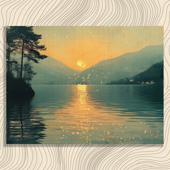 Golden Sunset Over Mountain Lake Poster Vintage Lakeside Reflection