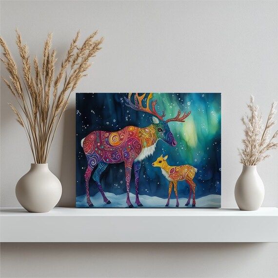 Colorful Reindeer And Fawn Under Northern Lights Aurora Wall Art