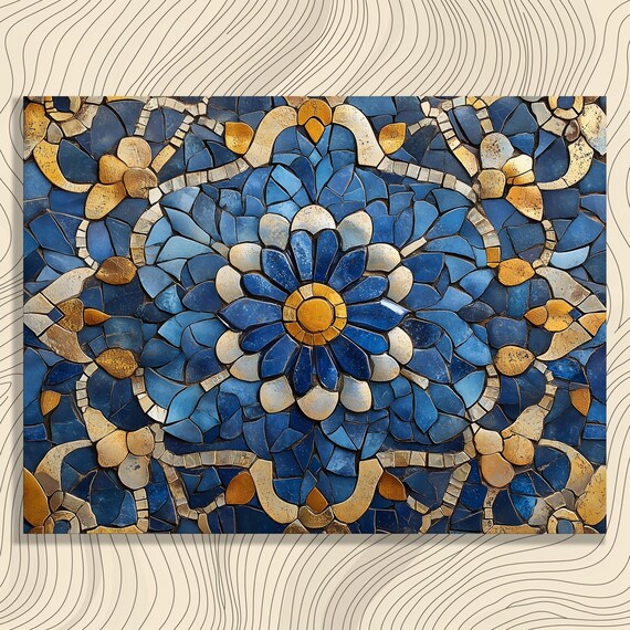 Blue Gold Floral Mosaic Poster Intricate Tile Pattern Decor Art