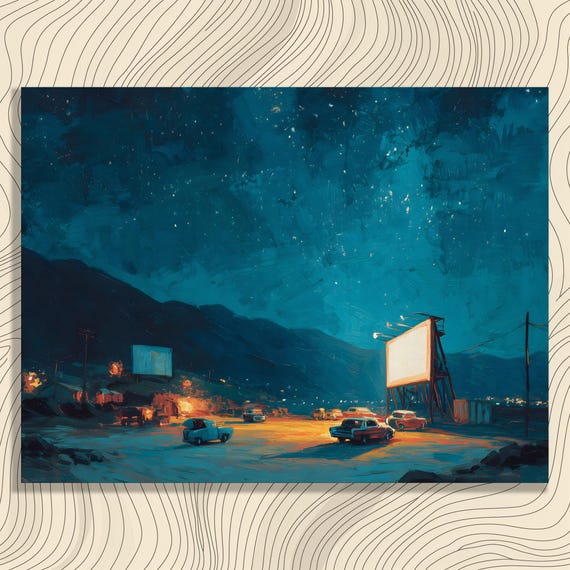 Drive In Theater Canvas Wall Art Retro Cinema Painting Featuring Vintage Cars Beneath Starry Desert Night Mountain Silhouettes
