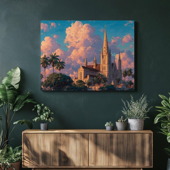 Historic Gothic Cathedral Sunset Palm Trees Golden Hour Sky Poster