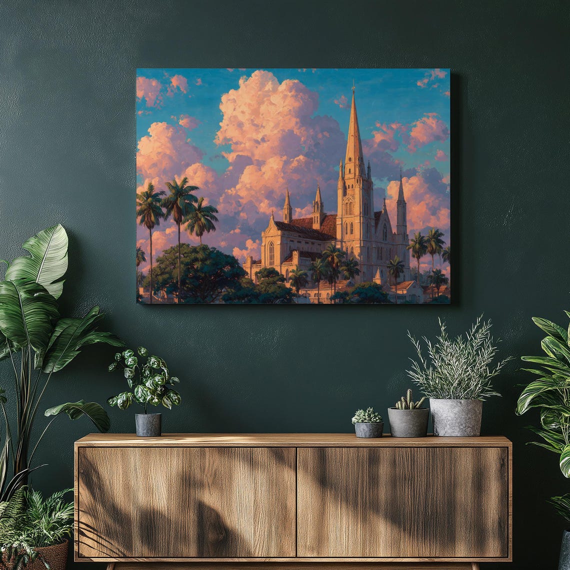 Historic Gothic Cathedral Sunset Palm Trees Golden Hour Sky Poster