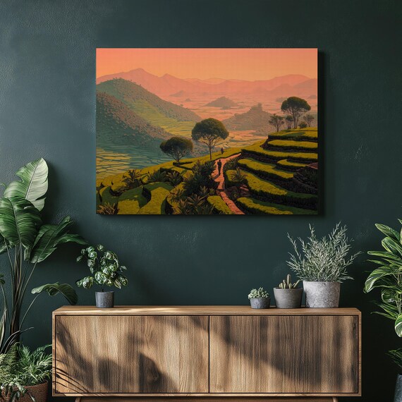 Terraced Rice Fields Sunset Lone Traveler Landscape Painting Poster