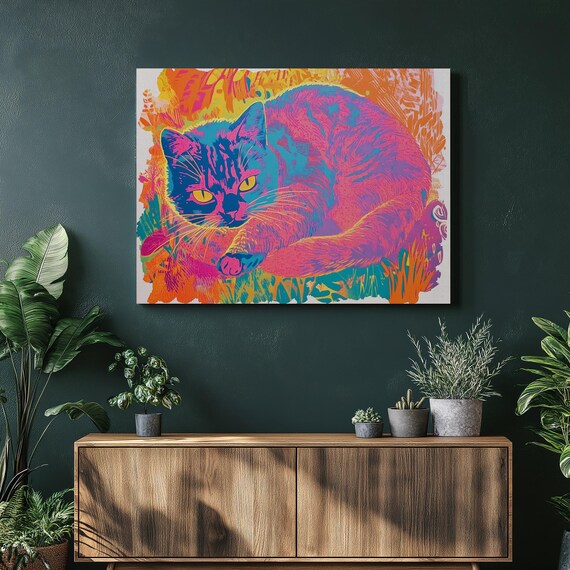 Scottish Fold Cat Neon Pop Art Portrait Vibrant Colorful Poster