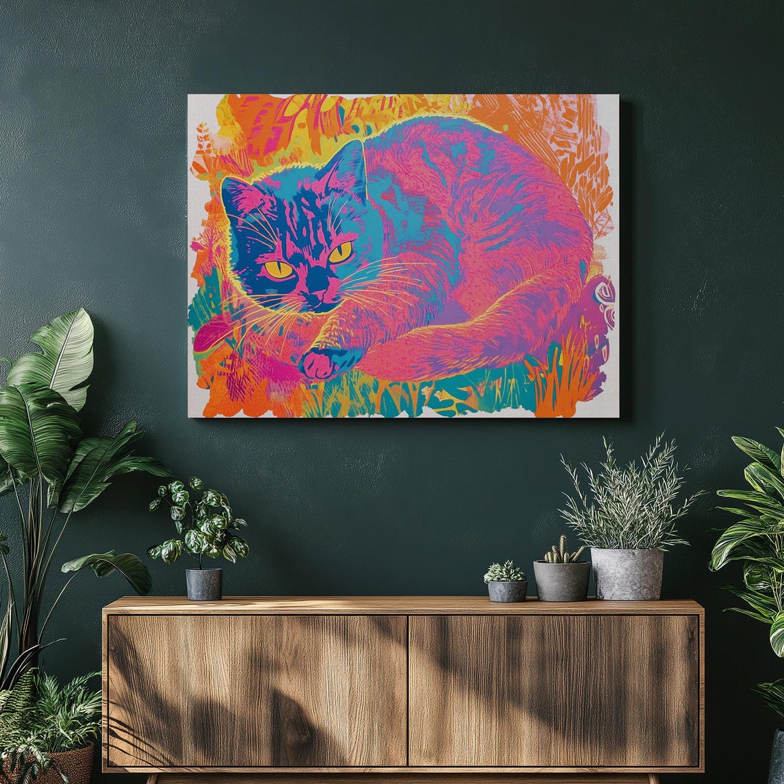 Scottish Fold Cat Neon Pop Art Portrait Vibrant Colorful Poster