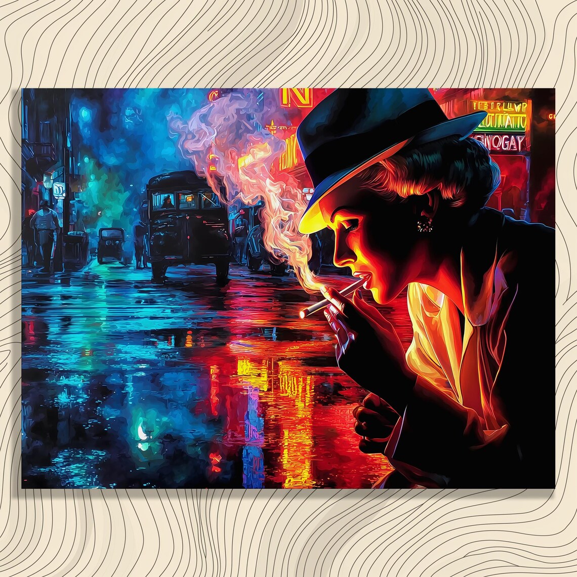 Moody Neon Noir Woman Rainy City Street Cinematic Canvas Wall Art