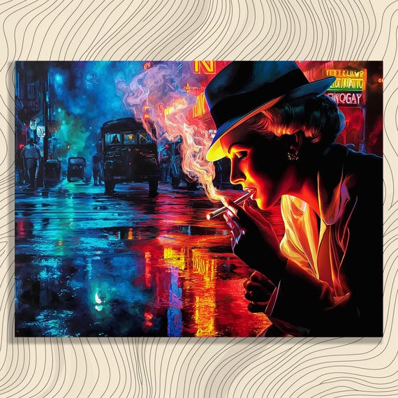 Neon Noir Cityscape Canvas Wall Art Rain Soaked Urban Woman Wearing A Fedora Under Glow With Retro Car Reflections Print
