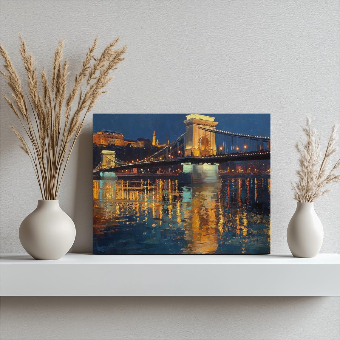 Budapest Chain Bridge Night Lights Over Danube River Painting Poster