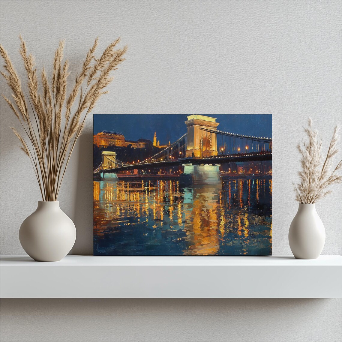Urban Bridge Cityscape Canvas Wall Art Impressionist Night Skyline River Reflections Blue Gold Suspension