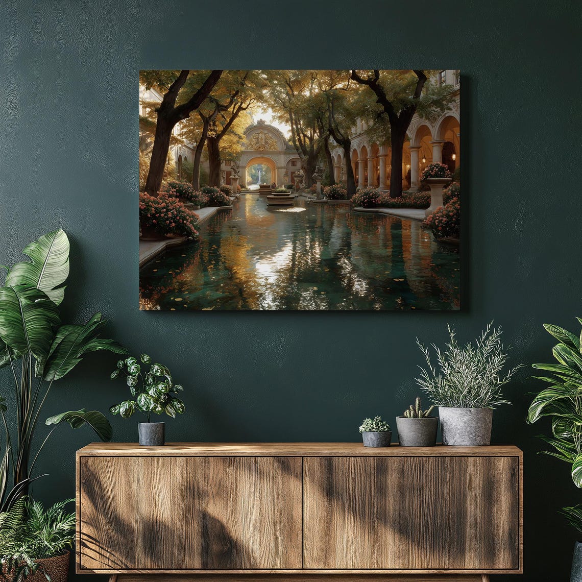 Sunlit Italian Courtyard Reflecting Pool Garden Canvas Wall Art