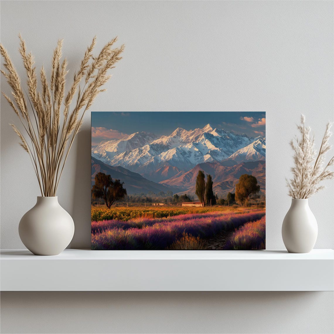 Lavender Field Sunset Snowy Mountains Purple Meadow Landscape Poster
