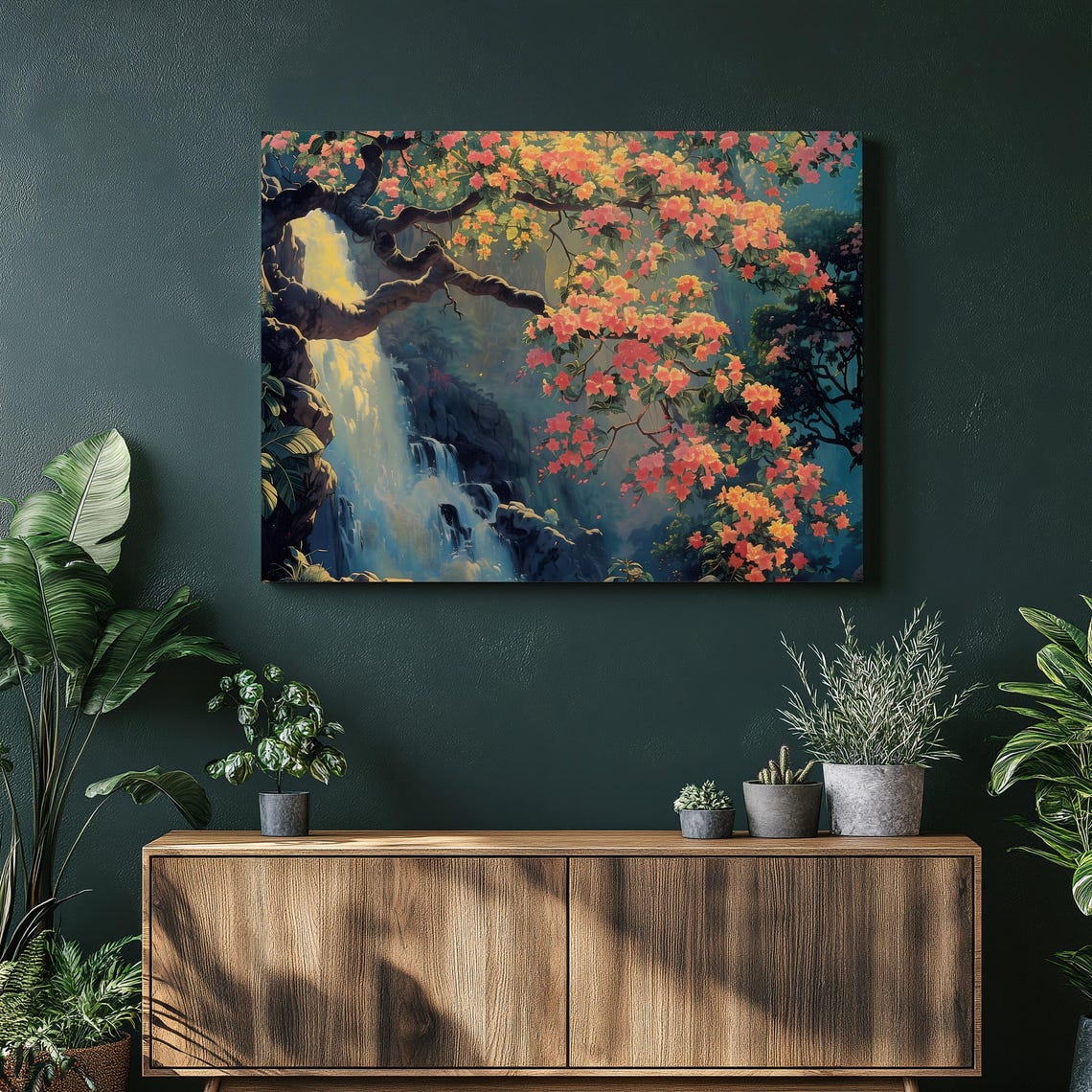 Tropical Waterfall Jungle Blossom Tree Sunlight Canvas Wall Art