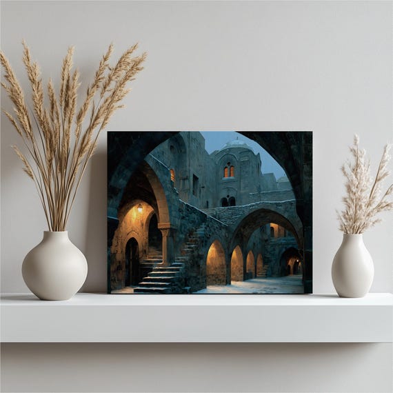 Medieval Courtyard Arches Canvas Wall Art Snowy Lantern Lit Stone Archways At Dusk Gothic Fortress Fantasy Castle Print Moody Blue Decor