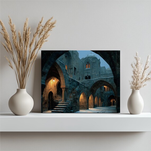 Medieval Courtyard Snowy Stone Arches Lantern Lit Night Poster