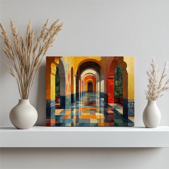 Moroccan Moorish Arches Sunlit Corridor Colorful Tiled Floor Poster