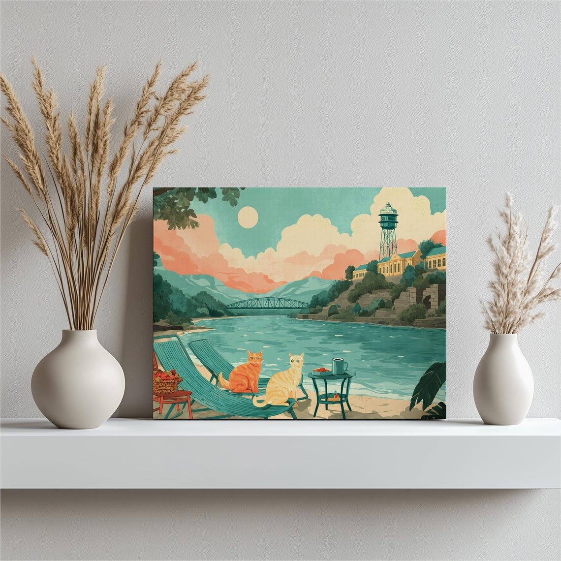 Cats by the River Poster Orange Tabbies Lounging Sunset Lake View Art