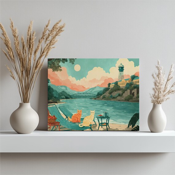 Cats by the River Poster Orange Tabbies Lounging Sunset Lake View Art