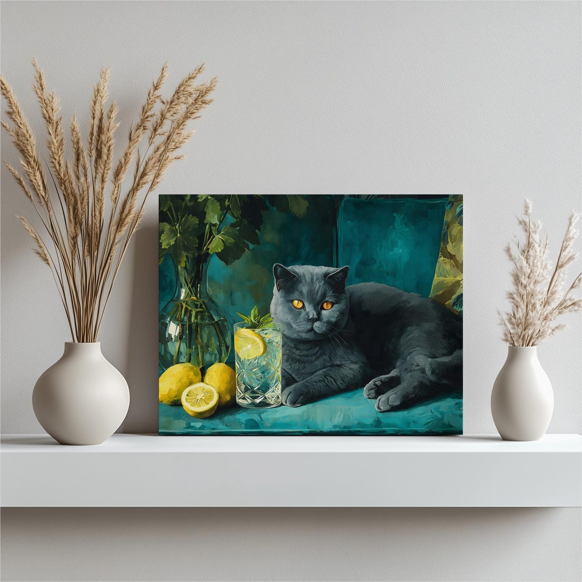 Grey British Shorthair Cat Lemon Lemonade Teal Still Life Poster