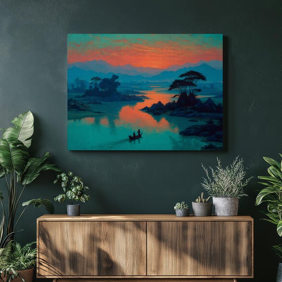 Sunset River Boat Canvas Wall Art Landscape Painting Decor Print With Vibrant Water Reflection Forest Island Scenery