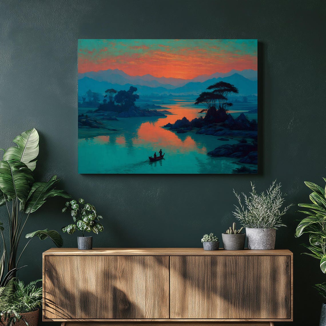 Sunset River with Canoe and Mountain Silhouettes Landscape Art Poster