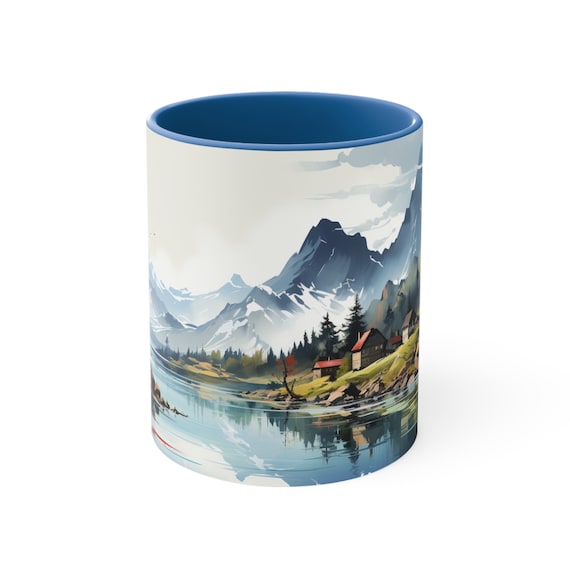 Mountain Lake Cabin Watercolor Print Design Blue Interior Ceramic Coffee Mug Gift