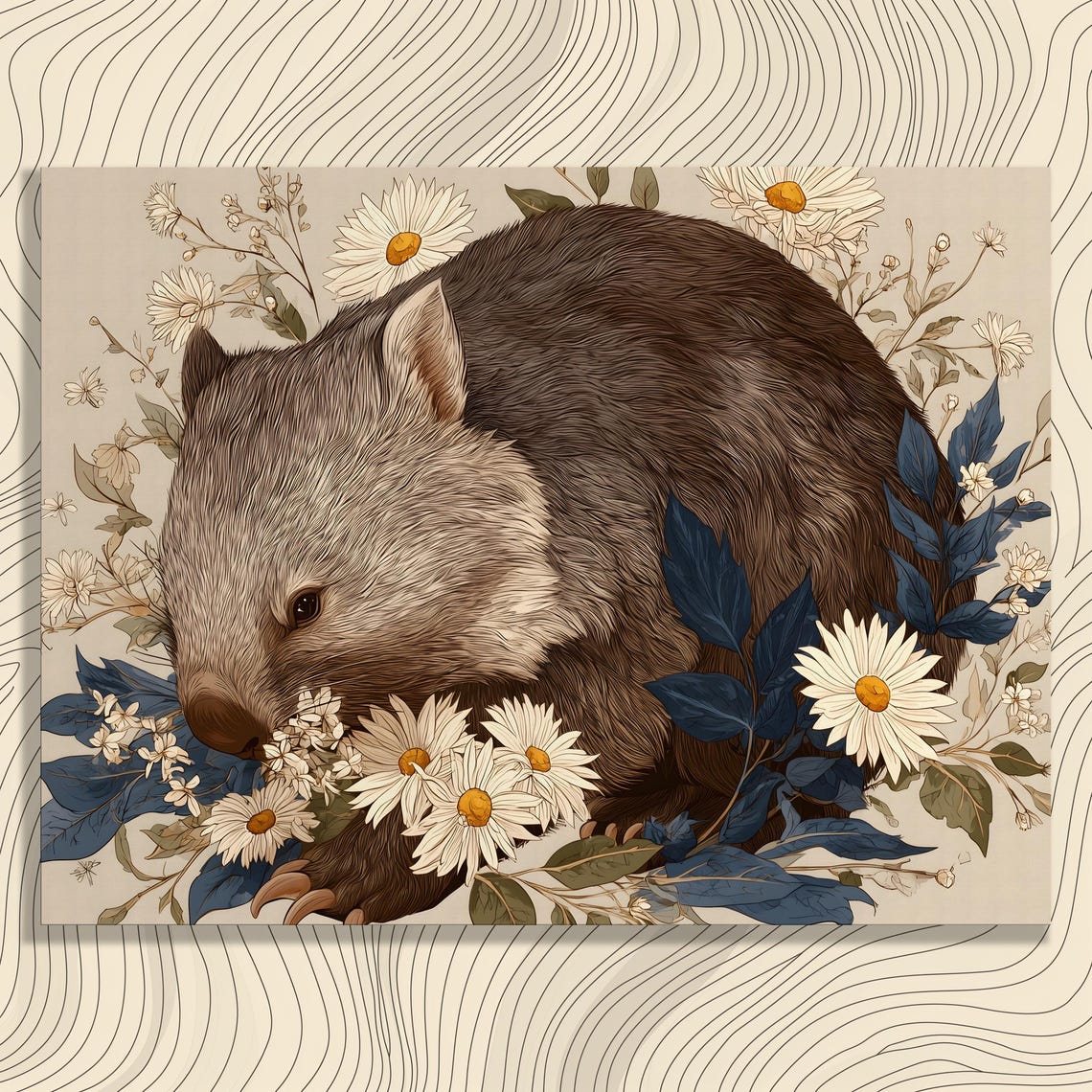 Wombat Daisy Flowers Botanical Illustration Cute Nursery Wall Art