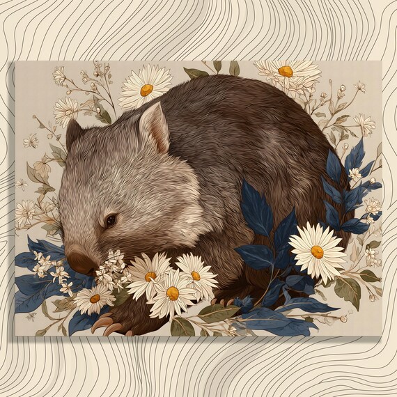 Wombat Daisy Flowers Botanical Illustration Cute Nursery Wall Art